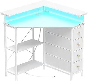 VENNQD Corner Desk with Drawers Shelves for Small Space 90 Degrees Triangle Computer Desk with Power Outlets,Gaming Desk with LED Lights Monitor Stand for Home Office Workstation Writing Table (White)