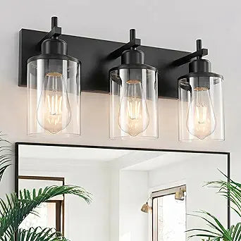 Lanhall 3-Light Black Bathroom Light Fixture Over Mirror Modern Farmhouse Bathroom Vanity Light Vintage Wall Lighting with Clear Glass Shade for Bathroom, Bedroom, Hallway, Cabinet