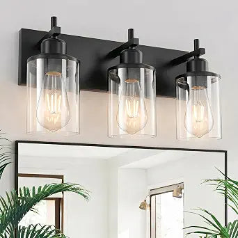 Lanhall 3-Light Black Bathroom Light Fixture Over Mirror Modern Farmhouse Bathroom Vanity Light Vintage Wall Lighting with Clear Glass Shade for Bathroom, Bedroom, Hallway, Cabinet