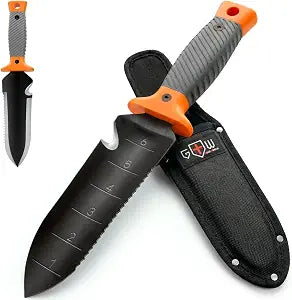 Hori Hori Garden Knife 7" with Sheath Heavy Duty Stainless Steel Multi-Purpose Tool for Weeding, Digging & Planting, Serrated & Straight Full-Tang Blade, Non-Slip Rubber Handle with Safety Guard
