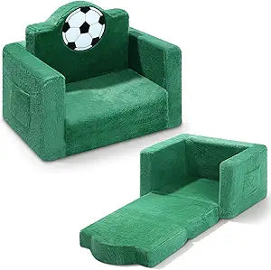 Novabright Soccer Kids Chair or Couch, 2-in-1 Foldable Toddler Sofa to Lounger, Comfy Foam Playroom Furniture for Game Night & Watch Party, Birthday Gifts for Little Sports Fans Boys Girls (Green)