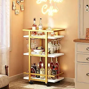 YATINEY 3 Tier Bar Cart, Home Bar Serving Cart with Wheels, Drink Cart with Glass Holder, Beverage Cart, Mobile Kitchen Cart, for Home, Garden, Party, Gold BC09DW