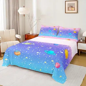 Outer Space Bed Sheets Twin For Girls Boys Kids Rainbow Galaxy Stars Planet Bed Sheet Set Kawaii Pastel Bedding Sheets Pink Blue Purple Ombre Cartoon Space Fitted Sheet + Flat Sheet + 1 Pillow Case