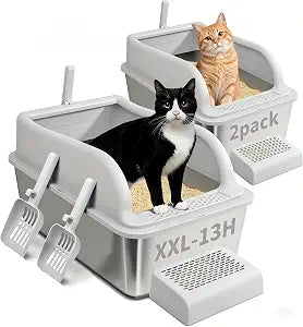 2PACK Stainless Steel Litter Boxes with Lid High Sides&Step, XXL Extra Large Metal Litter Boxes for Small&Elderly Cats, Friendly Cat Joints, Odor Free Litter Pan, Leak-Proo, Easy to Clean, Non-Sticky
