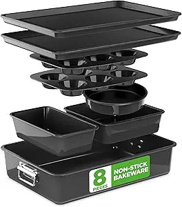 NutriChef 8 Piece Nonstick Bakeware Set | Carbon Steel Baking Pans for Oven | Includes Sheet Pan, Muffin, Loaf, Round and Square Cake Pan | Dishwasher Safe, Stackable Design Oven Safe up to 446F