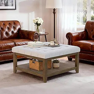 ABHENG 31.5 Large Square Storage Ottoman, Upholstery Solid Rubberwood Coffee Couch Table with Open Shelf, Foot Stool Load up to 330lb, Chenille White UASND67W