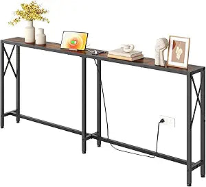 Gewudraw 70 in Skinny Sofa Table Behind Couch, Console Table with Oulets & USB Ports for Hallway, Entryway,Living Room, Bedroom, Rustic Brown