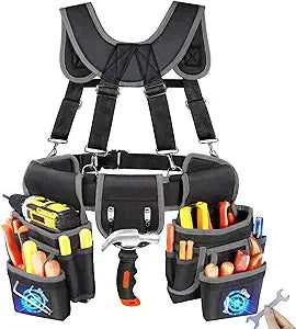 FamilyKit Tool Belt With Suspenders - Magnetic Heavy Duty Tool Belts with 18 Pockets, Tool Pouch with Detachable & Adjustable 32"-66" Waist for Electricians, Carpenters, Framers, Construction,Black