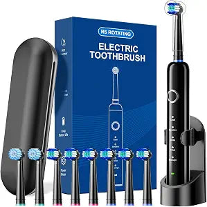 Electric Toothbrush for Adults, 8 Brush Heads (2 Types) & Travel Case, Black