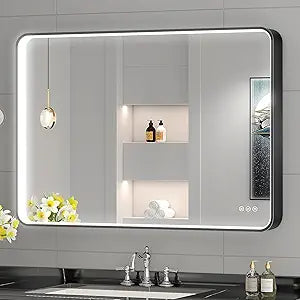 LED Mirror for Bathroom 40X28 Inch Black Framed with Anti-Fog, Stepless Dimmable, Front Lit, LED Bathroom Vanity Mirror for Wall, Memory Function, Shatter-Proof