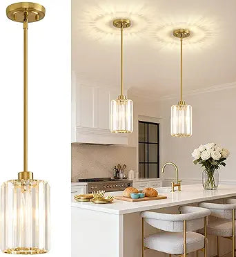 2 Pack Pendant Lights Kitchen Island, Modern Gold Pendant Light Fixtures, Mini Chandelier Crystal Kitchen Island Lighting, Hanging Pendant Lights Fixture for Kitchen Island Dining Room Hallway Foyer