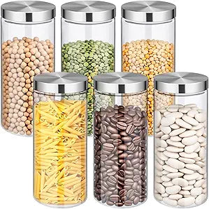 6 Pcs 68oz Clear Glass Canister Set with Stainless Steel Lids, Food Storage Containers for Kitchen & Pantry Storage, Dry Foods Including Flour Sugar Coffee Rice Tea Spices Herbs
