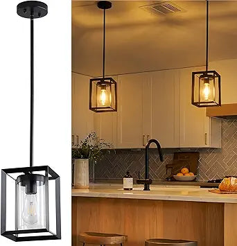 2 Pack Farmhouse Black Kitchen Island Pendant Light Fixtures,Height Adjustable Metal Rod Hanging Modern Pendant Lighting with Metal Cage and Clear Glass Shade for Entryway Bedroom