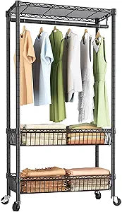 Heavy Duty Clothes Rack Rolling Garment Rack,3 Tier Adjustable Wire Shelving Clothing Racks for Hanging Clothes with Double Rods&Side Hooks,Freestanding Wardrobe Storage Rack Metal Portable Closet