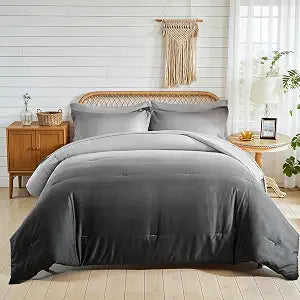 6 Pieces Gradient Black and Grey Bed in a Bag Twin Size, Elegant Ombre Reversible Comforter Set for All Season (Comforter, Flat Sheet, Fitted Sheet, Pillowcase & 2 Pillow Shams)