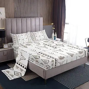Erosebridal Western Bull Skull King Size Flat Fitted Sheet, Bohemian Aztec Bed Sheets Set for Boys Men Adult Bedroom, Southwestern Native Bedding Set, Geometric Farmhouse Bed Sets