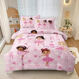 Twin Bedding Set for Girls Kids, Pink, 5 Pieces | Comforter Set, Bed in a Bag, Floral Ballerina Design, Includes Sheet Set