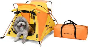 Portable Waterproof Dog Tent for Small Pets up to 25 lb, Lightweight with Carrying Bag, Fully Zipped Meshed Door and Window, for Camping, Beach, Backyard (Yellow, Small)