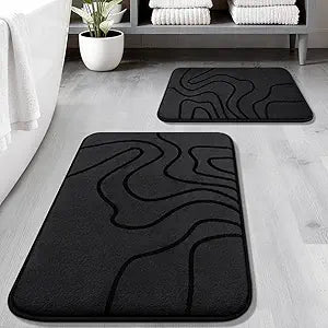 YIHOUSE Memory Foam Bathroom Rugs Sets 2 Piece - Extra Thick Ultra Soft Absorbent Bath Mat Set, Non-Slip Machine Washable Bath Rugs for Bathroom, Tub & Shower, Home Decor (32"x20"+24"x17", Black)