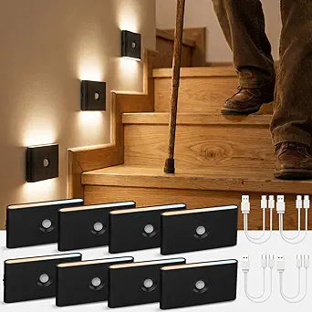 wowatt 3CCT Rechargeable Stair Lights Indoor, Black Stairway Lights Indoor with Magnetic Mount, Dimmable Stair Lights Motion Sensor for Stairway, Hallway, Kitchen, Bathroom(8 Packs)