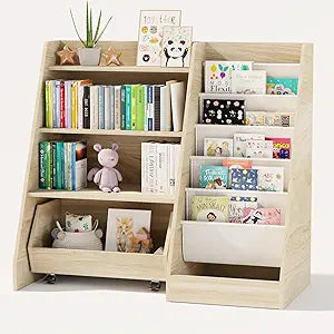 COZPAW Kids Bookshelf and Toy Storage, 4 Tier Toddler Bookshelf with Movable Drawer (Oak)