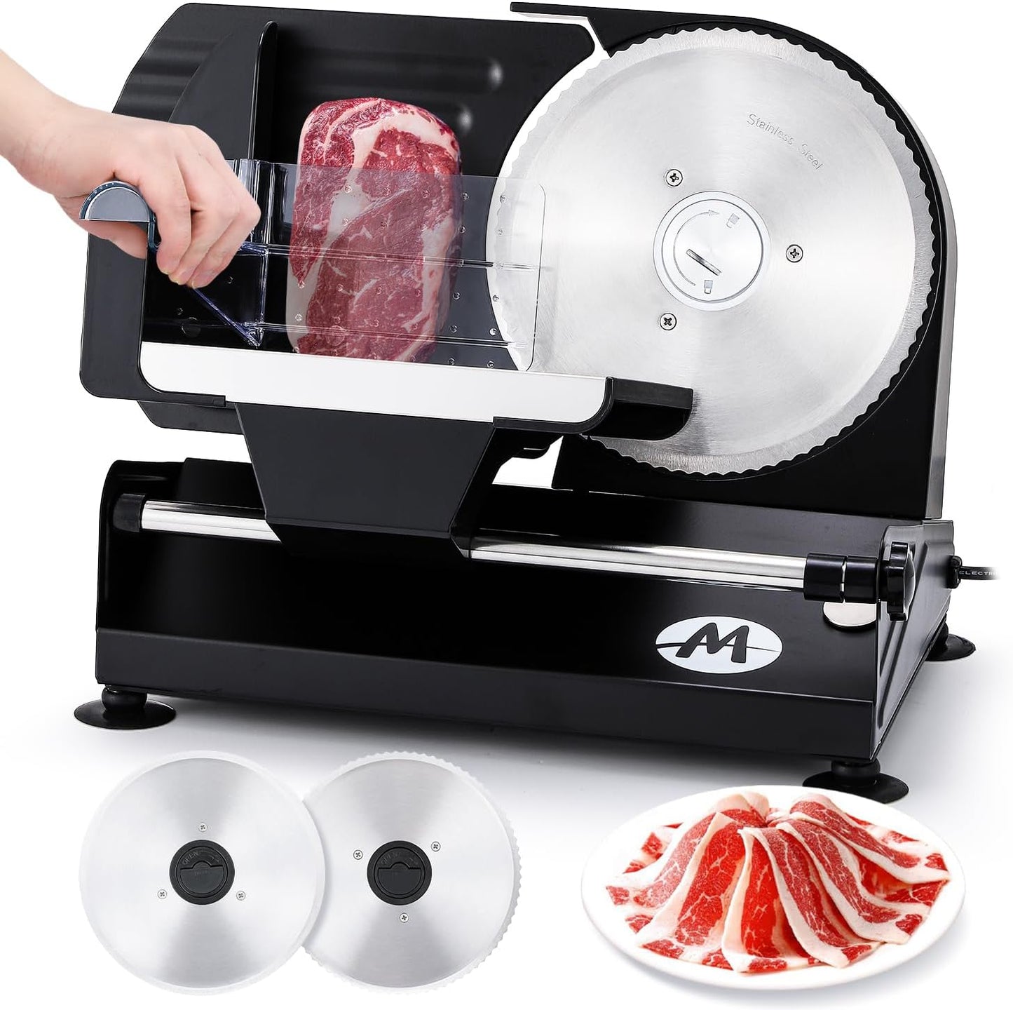 Moongiantgo Electric Meat Slicer 220W, 1-20mm Adjustable Thickness Deli Food Slicer with 2 Removable 7.3' Stainless Steel Blade, Removable Food Platform, Cheese Fruit Bread Slicer for Home,110V