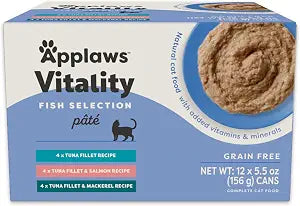 Applaws Vitality Wet Cat Food Pat, Natural Cat Food with Added Vitamins & Minerals, Grain-Free, Carrageenan Free, Fish Variety Selection (12 Count, 5.5 oz Cans)