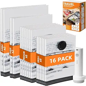 Travel Vacuum Bags with Electric Pump, 16 Pack Luggage Storage Seal Bag, Clothes Compression Suitcase Packing Sealer Bags, Cordless Hefty Vacuum Sealed Space Saver Bags (6S+6M+2L+2J)