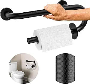 Toilet Grab Bars 16 Inch - Toilet Paper Holder Grab Bar Stainless Steel Knurled Toilet Grab Bars for Seniors Bathtub Bathroom Rails for Elderly Bath Safety Balance Support, Black