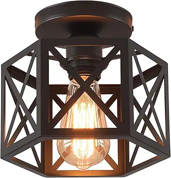 Black Flush Mount Ceiling Light,Hallway Light Ceiling Mount,Industrial Vintage Metal Cage Close to Ceiling Lights for Kitchen,Farmhouse,Bedroom