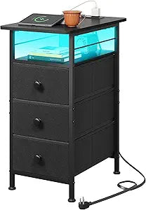 WLIVE Narrow Side Table with Charging Station, End Table with LED Lights,3 Fabric Drawers and Open Shelf, Bed Side Tables Living Room, Small Spaces, Bedroom, Black