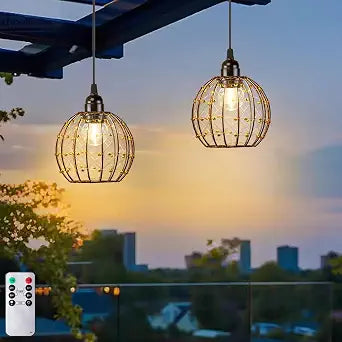 TWINKVILLA Hanging Pendant Lights, Battery Operated Outdoor Chandelier with Warm White LED Bulb for Patio Tree Pergola Gazebo Porch (Beaded Ball-G50-2PK)