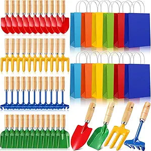 60 Pcs Kids Beach Sand Toy Gardening Tools Bulk Set Include Kids Beach Shovel Rake Fork Trowel and Gift Bags Metal Planting Tools with Wooden Handle for Planting Loosening Digging Outdoor