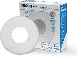 SureFit V3 LED Ceiling Light with Round White Trim 3000K, 700 Lumens Bedroom Lights for Ceiling Dimmable, Ultra-Slim Flush Mount Fits 4 J-Boxes Wet-Location Rated by NICOR Lighting