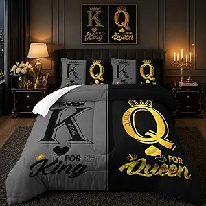 Nttopship King and Queen Crown Comforter Set Black and Gray Couple Bedding Set3Pcs Mr Mrs Comforter Set for Adults Couple Men Women,His and Hers Quilt Set 2 Pillowcases Bedroom Decor King