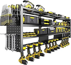 49" W Large Power Tool Organizer Wall Mount, 4 Layer Heavy Duty Metal Tool Storage Rack with 12 Drills Holder, Utility Racks for Garage Workshop, Ideal Garage Organization