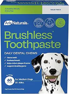 Ark Naturals Brushless Toothpaste Medium Breeds, 54oz Bag Dog Dental Chew with Toothpaste Center Freshen Breath and Reduce Plaque & Tartar with Dental Chews for Dogs