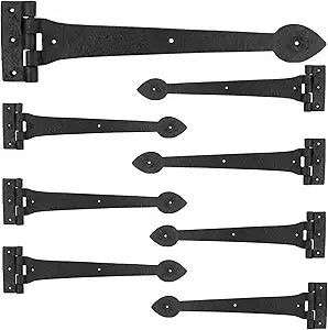 8 Pack 15 Inch Heavy-Duty T-Shape Strap Hinge with Screw Black Powder Coated Wrought Iron Spade Tip Strap Door Gate Hinges for Shed Barn Fence Blind Shutter Wood Frame Doors (Classic Style)