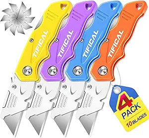 4Pack Box Cutter Retractable, Folding Utility Knife with 10 Blades