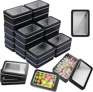24 Pack Metal Tin Boxes with Clear Window Lids, 4.28 x 2.92 x 1.2 inches Small metal Storage tin Boxes, Metal Tins with Window for Jewelry, Candy, DIY Crafts, and More(Black)