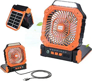 Solar Fan, Solar Powered Fan, Solar Fans For Outside ,Camping Fan, With 2 Charging Modes, 4-Speed Wind & 3-Gen Led Light, Portable Rechargeable Ventilador Recargable For Outdoor Travel & Home(Orange)