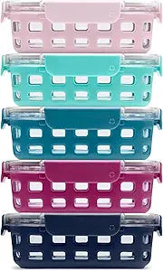 Ello Duraglass 3.4 Cup Meal Prep Sets 10Pc, 5 Pack Set- Glass Food Storage Container with Silicone Sleeve and Airtight BPA-Free Plastic Lids, Dishwasher, Microwave, and Freezer Safe, Evening Orchard