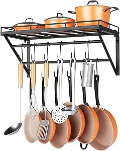 OROPY 23 Inch Wall Mounted Pot Rack Storage Shelf with 2 Tier Hanging Rails 12 S Hooks included, Ideal for Pans, Utensils, Cookware, Plant Black