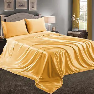 RUDONG M 4 Piece Yellow Gold Satin Sheets King Size Satin Bed Sheets Set Silky Satin Sheet with 1 Deep Pocket Fitted Sheet+1 Flat Sheet+2 Pillowcases