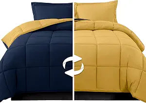 Elegant Comfort 3-Piece Reversible Comforter Set, All Season Cozy, Soft Down Alternative, Quilted - Box Stitched - Duvet Insert with 4 Corner Tabs, Comforter with Shams, Twin, Navy/Yellow
