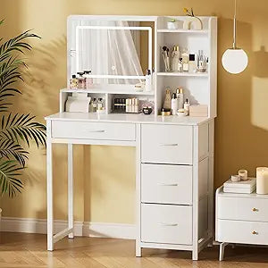 Kitsure Vanity Desk with Mirror and Lights - Large Capacity Makeup Vanity with 4 Fabric Storage Drawers & 3 Lighting Modes, Vanity Table Set with Sturdy Metal Frame for Bedroom, White, 35" x 17" x 52"