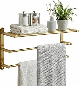 24 Inch Towel Racks for Bathroom: Brushed Gold Towel Rack with Double Towel Bar Wall Mounted - SUS304 Stainless Steel Bath Towel Holder with Shelf for Hotel Lavatory