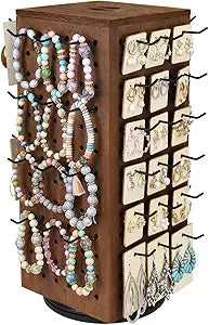 MOOCA Wooden Rotating Four-Sided Pegboard Jewelry Accessories Rack, Rotating Jewelry Display with a Lid for Large Inner Storage Space, 48 Removable Black Hooks, Brown Color
