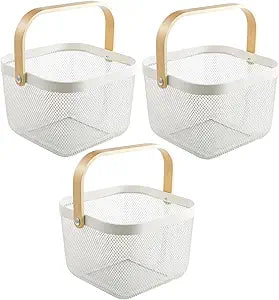 AJIODA 3 Pack Metal Mesh Steel Basket, Storage Organizer Basket Multi-function Hanging Kitchen Baskets Fruit Basket Bin with Wood Handle for Kitchen Bathroom Picnic Cabinet Home Decor, 3PCS-White