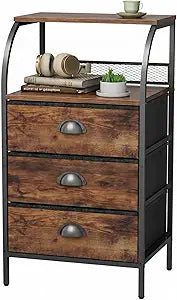 Nightstand with 3 Drawers, Bedside Table with 2-Tier Storage Shelf, Fabric Small Dresser Organizer, End Table Side Table, Living Room, Closet, Sturdy Steel Frame, Wood Top, Rustic Brown
